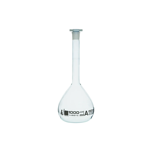 1000ml Glass Volumetric Flask with a white plastic socket cap and white gradation marker