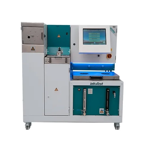 image of an Infratest Asphalt Analyzer for asphalt samples. There is a computer screen with instructions and 3 separate chambers with doors and locks.
