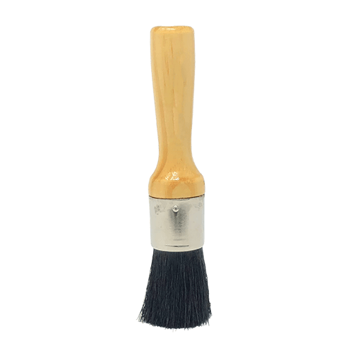 image of a Fine Sieve Cleaning Brush viewed from the side. Its round so theres no front face, however there is a sleek wooden handle that is capped by a metal sleeve, with brass bristles sticking out from the bottom.