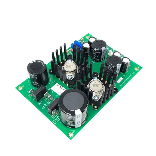NCAT Power Supply Board showing all of the capacitors and heat sinks on the board.