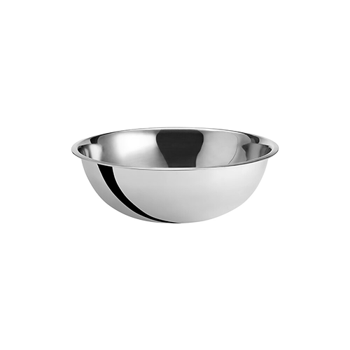 Stainless Steel mixing bowl seen from the side at a slight angle so you can see how shiny it is.
